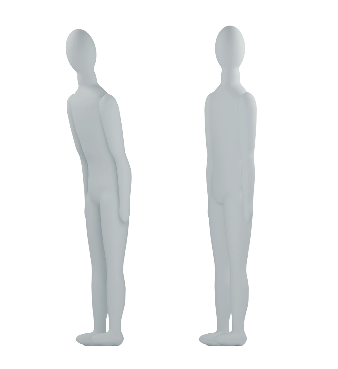 The same original featureless adult model shown in two standing postures. Body and limb proportions are unchanged; this is a conceptual pose comparison, not a measured height change.