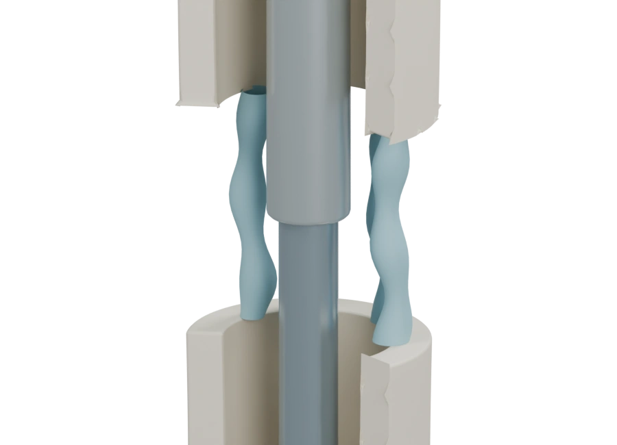 New close-up showing distinct upper and lower cut bone ends separated by a space around the nail, with sparse illustrative tissue strands spanning the separation.