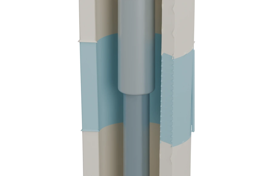 Enlarged view showing a larger space occupied by blue new tissue between the existing bone segments.