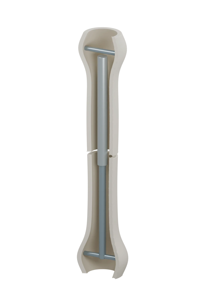 Cutaway of a representative long bone divided at its center, with a metal nail extending inside both segments.